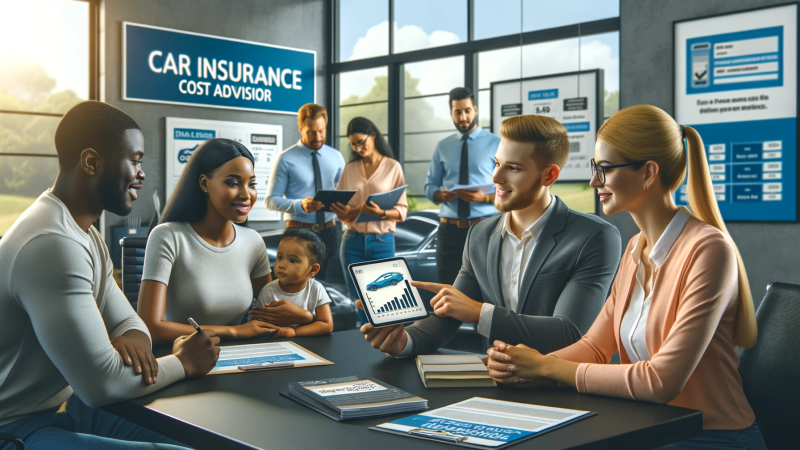  The image should show a well-lit, friendly insurance office with a diverse group of professional agents discussing car insurance options with customers. Include a Caucasian female agent showing a digital tablet with graphs indicating lower insurance rates to a Black mother with a child. Another South Asian male agent is seen in the background reviewing documents. The environment should have brochures for safe driving programs and multiple policy options visible, with a clean and organized desk area. The co