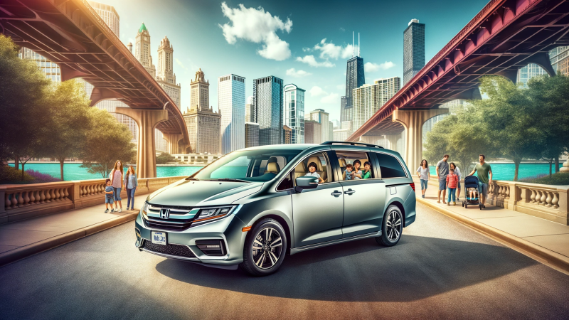 A professional and serious color photograph reflecting the theme of car insurance rates for a family van in an accident-prone urban area. The image shows a well-maintained, silver 2018 Honda Odyssey EX-L parked in front of a picturesque cityscape, highlighting a balance between family life and the urban setting of Chicago. The van is equipped with visible safety features such as sensors and cameras. The background is a vibrant, sunny day in Chicago with clear skies, suggesting a positive outlook. The overal